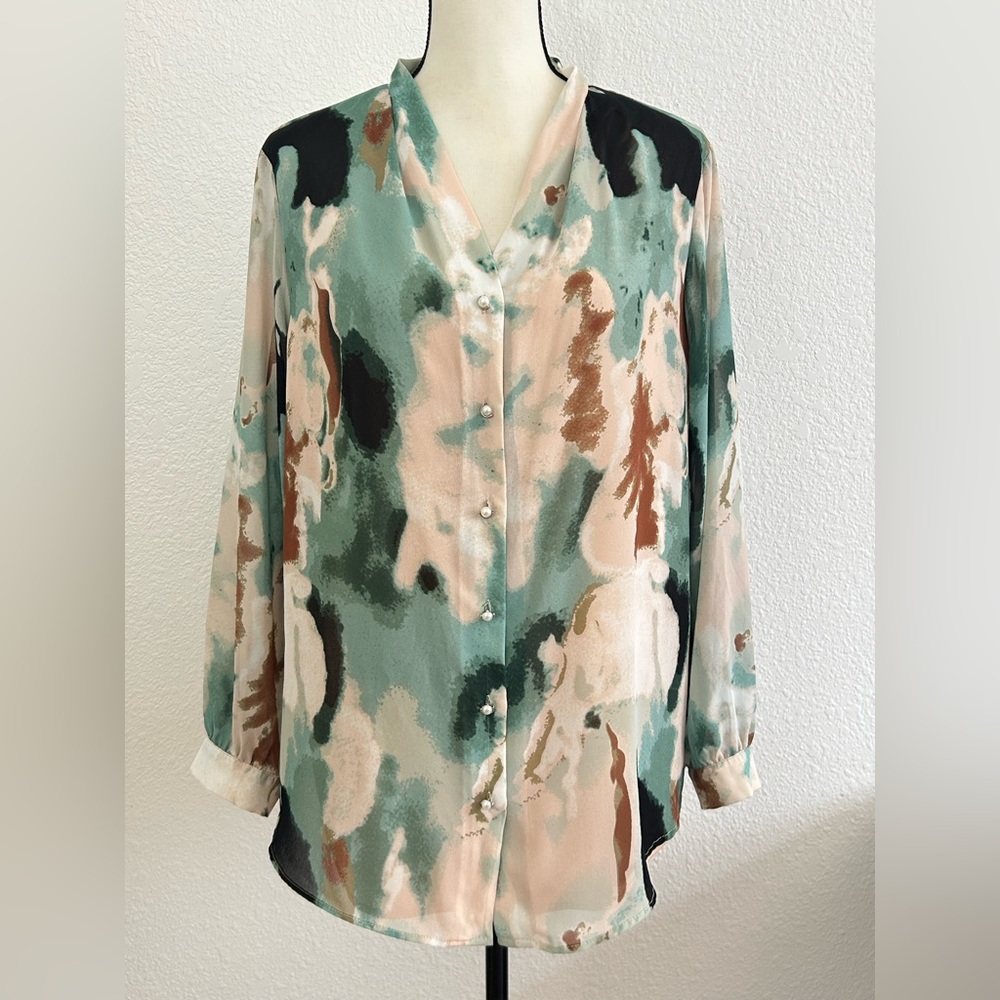 ADRIANNA PAPELL 1X Long Sleeve Button Down CHIFFON Top PEARL BUTTONS WATERCOLORS
